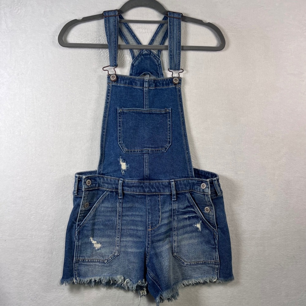 Hollister Boyfriend Short Overalls Medium Wash Distressed Denim Women Small